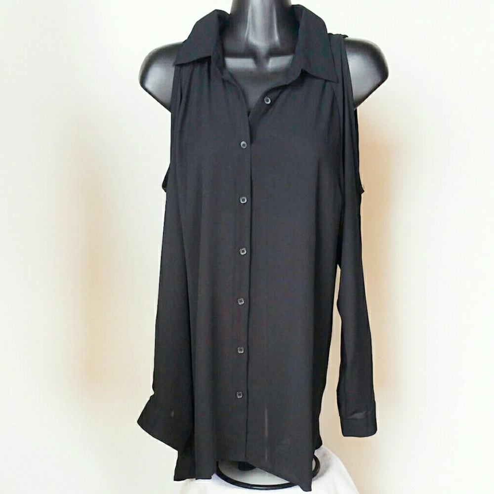 ASDS Black Women's Cold Shoulder LS Blouse.  A2